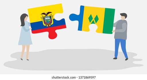 Couple holding two puzzles pieces with Ecuadorian and Vincentian flags. Ecuador and Saint Vincent and the Grenadines national symbols together.