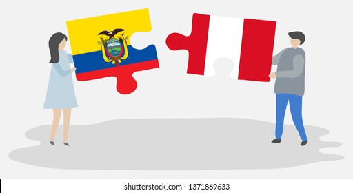 Couple holding two puzzles pieces with Ecuadorian and Peruvian flags. Ecuador and Peru national symbols together.