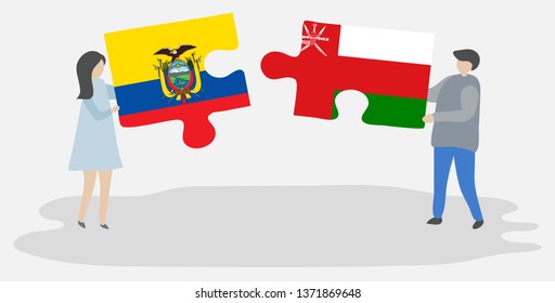 Couple holding two puzzles pieces with Ecuadorian and Omani flags. Ecuador and Oman national symbols together.