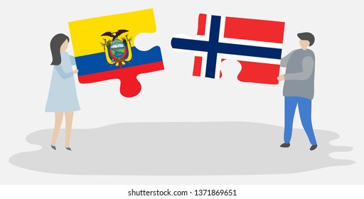 Couple holding two puzzles pieces with Ecuadorian and Norwegian flags. Ecuador and Norway national symbols together.