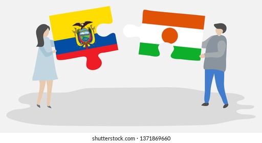 Couple holding two puzzles pieces with Ecuadorian and Nigerien flags. Ecuador and Niger national symbols together.