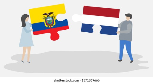 Couple holding two puzzles pieces with Ecuadorian and Dutch flags. Ecuador and Netherlands national symbols together.