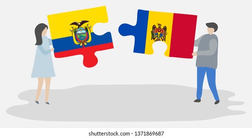 Couple holding two puzzles pieces with Ecuadorian and Moldovan flags. Ecuador and Moldova national symbols together.