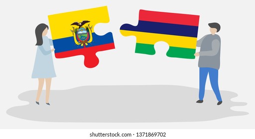 Couple holding two puzzles pieces with Ecuadorian and Mauritian flags. Ecuador and Mauritius national symbols together.