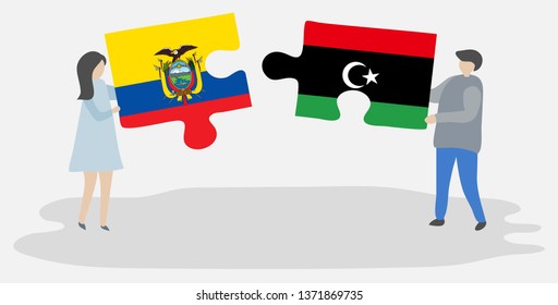 Couple holding two puzzles pieces with Ecuadorian and Libyan flags. Ecuador and Libya national symbols together.