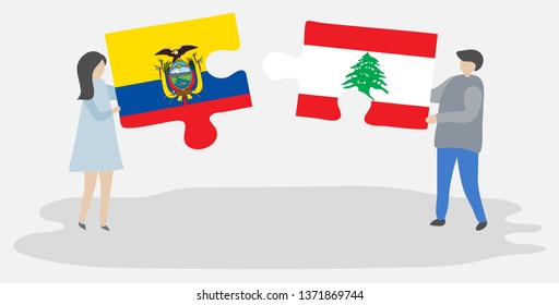 Couple holding two puzzles pieces with Ecuadorian and Lebanese flags. Ecuador and Lebanon national symbols together.