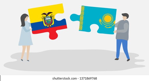 Couple holding two puzzles pieces with Ecuadorian and Kazakh flags. Ecuador and Kazakhstan national symbols together.