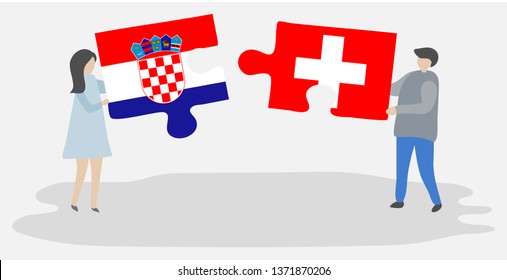 Couple holding two puzzles pieces with Croatian and Swiss flags. Croatia and Switzerland national symbols together.