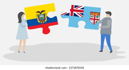Couple holding two puzzles pieces with Ecuadorian and Fijian flags. Ecuador and Fiji national symbols together.