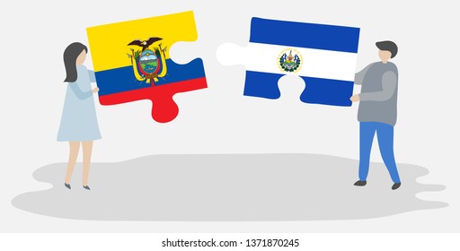 Couple holding two puzzles pieces with Ecuadorian and Salvadoran flags. Ecuador and El Salvador national symbols together.