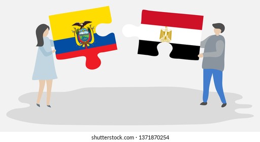 Couple holding two puzzles pieces with Ecuadorian and Egyptian flags. Ecuador and Egypt national symbols together.