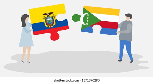 Couple holding two puzzles pieces with Ecuadorian and Comoran flags. Ecuador and Comoros national symbols together.