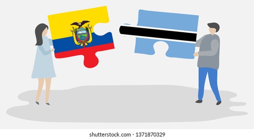 Couple holding two puzzles pieces with Ecuadorian and Motswana flags. Ecuador and Botswana national symbols together.