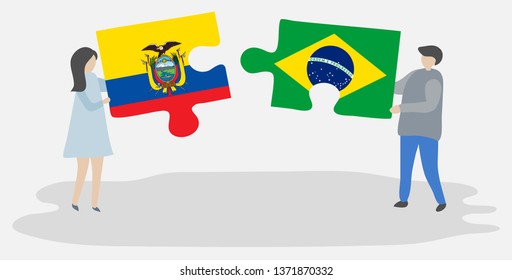 Couple holding two puzzles pieces with Ecuadorian and Brazilian flags. Ecuador and Brazil national symbols together.