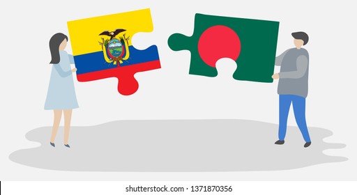 Couple holding two puzzles pieces with Ecuadorian and Bangladeshi flags. Ecuador and Bangladesh national symbols together.