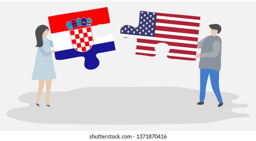 Couple holding two puzzles pieces with Croatian and American flags. Croatia and United States of America national symbols together.