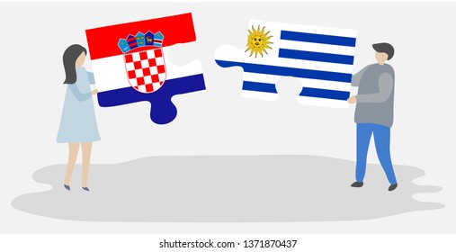 Couple holding two puzzles pieces with Croatian and Uruguayan flags. Croatia and Uruguay national symbols together.