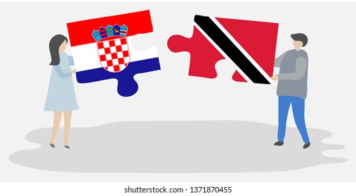 Couple holding two puzzles pieces with Croatian and Trinidadian flags. Croatia and Trinidad and Tobago national symbols together.