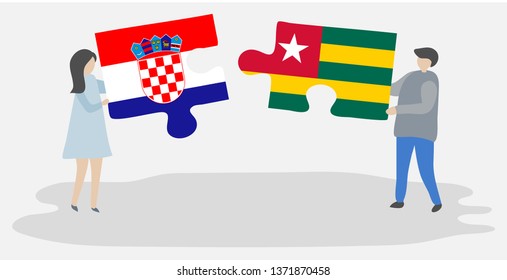 Couple holding two puzzles pieces with Croatian and Togolese flags. Croatia and Togo national symbols together.