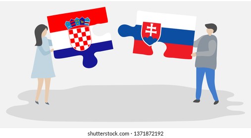 Couple holding two puzzles pieces with Croatian and Slovak flags. Croatia and Slovakia national symbols together.