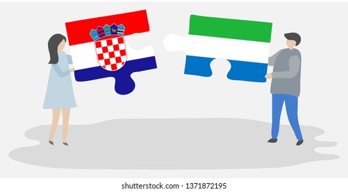 Couple holding two puzzles pieces with Croatian and Sierra Leonean flags. Croatia and Sierra Leone national symbols together.