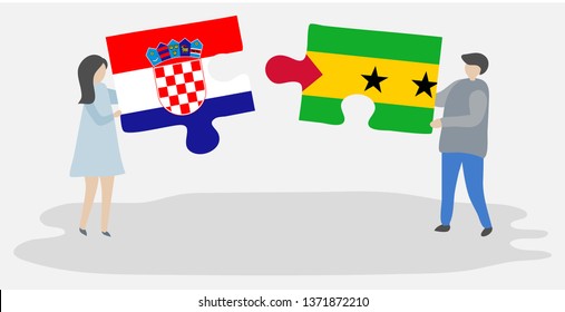 Couple holding two puzzles pieces with Croatian and Sao Tomean flags. Croatia and Sao Tome and Principe national symbols together.