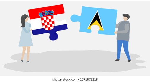 Couple holding two puzzles pieces with Croatian and Saint Lucian flags. Croatia and Saint Lucia national symbols together.