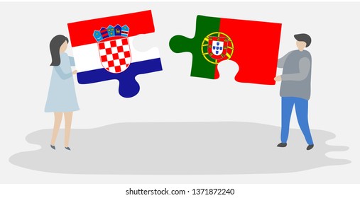 Couple holding two puzzles pieces with Croatian and Portuguese flags. Croatia and Portugal national symbols together.