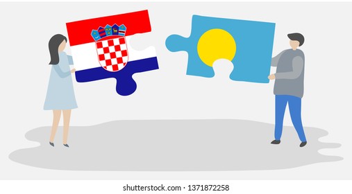 Couple holding two puzzles pieces with Croatian and Palauan flags. Croatia and Palau national symbols together.