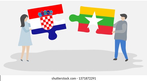 Couple holding two puzzles pieces with Croatian and Burmese flags. Croatia and Myanmar national symbols together.