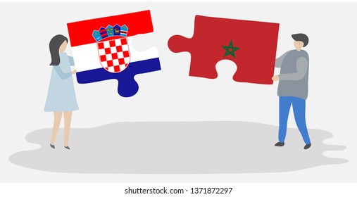 Couple holding two puzzles pieces with Croatian and Moroccan flags. Croatia and Morocco national symbols together.