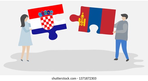 Couple holding two puzzles pieces with Croatian and Mongolian flags. Croatia and Mongolia national symbols together.