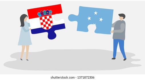 Couple holding two puzzles pieces with Croatian and Micronesian flags. Croatia and Micronesia national symbols together.
