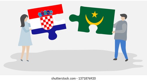 Couple holding two puzzles pieces with Croatian and Mauritanian flags. Croatia and Mauritania national symbols together.