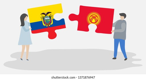 Couple holding two puzzles pieces with Ecuadorian and Kirgiz flags. Ecuador and Kyrgyzstan national symbols together.