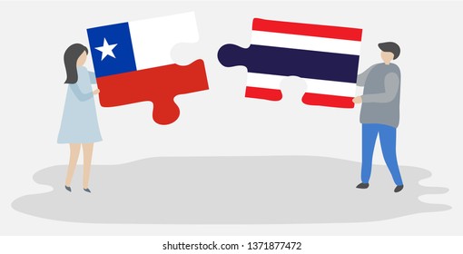 Couple holding two puzzles pieces with Chilean and Thai flags. Chile and Thailand national symbols together.