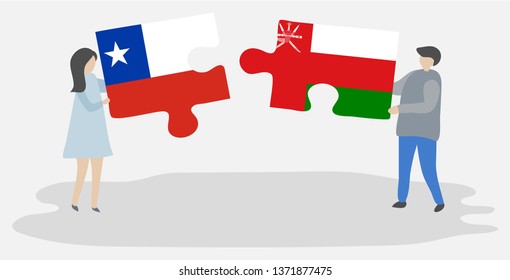 Couple holding two puzzles pieces with Chilean and Omani flags. Chile and Oman national symbols together.