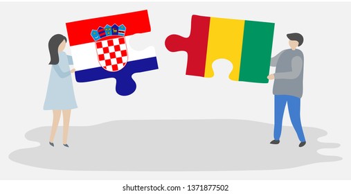 Couple holding two puzzles pieces with Croatian and Guinean flags. Croatia and Guinea national symbols together.