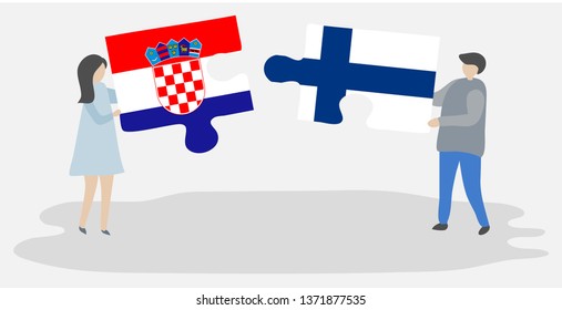 Couple holding two puzzles pieces with Croatian and Finnish flags. Croatia and Finland national symbols together.