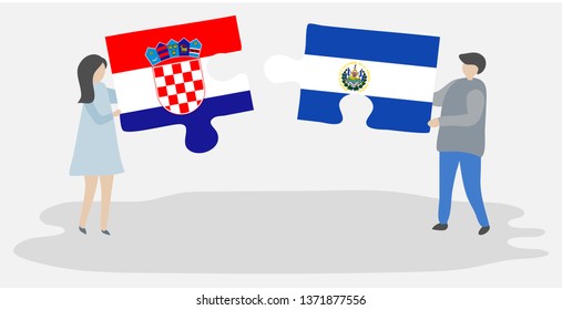 Couple holding two puzzles pieces with Croatian and Salvadoran flags. Croatia and El Salvador national symbols together.