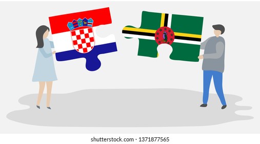 Couple holding two puzzles pieces with Croatian and Dominican flags. Croatia and Dominica national symbols together.