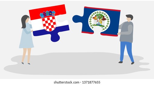 Couple holding two puzzles pieces with Croatian and Belizean flags. Croatia and Belize national symbols together.