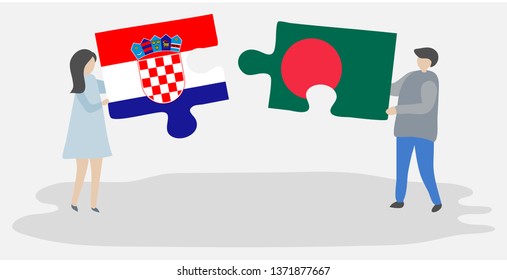 Couple holding two puzzles pieces with Croatian and Bangladeshi flags. Croatia and Bangladesh national symbols together.