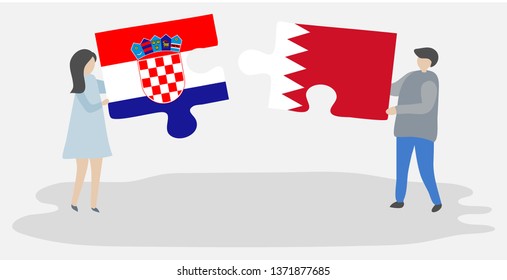 Couple holding two puzzles pieces with Croatian and Bahraini flags. Croatia and Bahrain national symbols together.