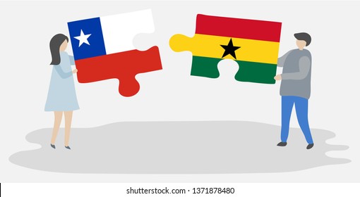 Couple holding two puzzles pieces with Chilean and Ghanaian flags. Chile and Ghana national symbols together.