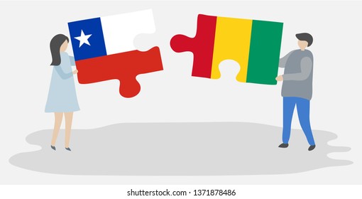 Couple holding two puzzles pieces with Chilean and Guinean flags. Chile and Guinea national symbols together.