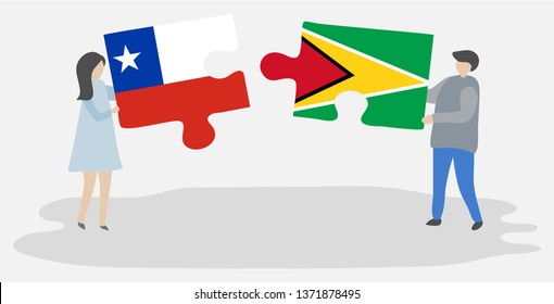 Couple holding two puzzles pieces with Chilean and Guyanese flags. Chile and Guyana national symbols together.