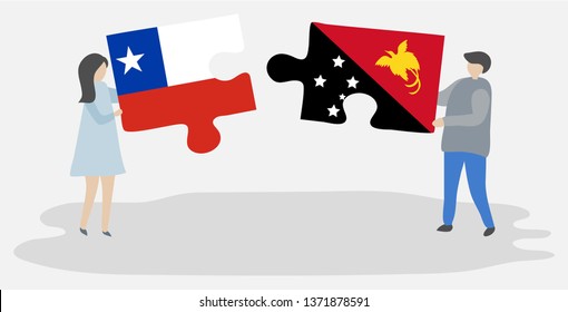 Couple holding two puzzles pieces with Chilean and Papuan flags. Chile and Papua New Guinea national symbols together.