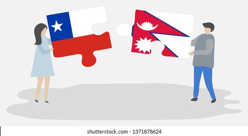 Couple holding two puzzles pieces with Chilean and Nepalese flags. Chile and Nepal national symbols together.