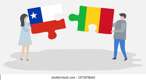 Couple holding two puzzles pieces with Chilean and Malian flags. Chile and Mali national symbols together.